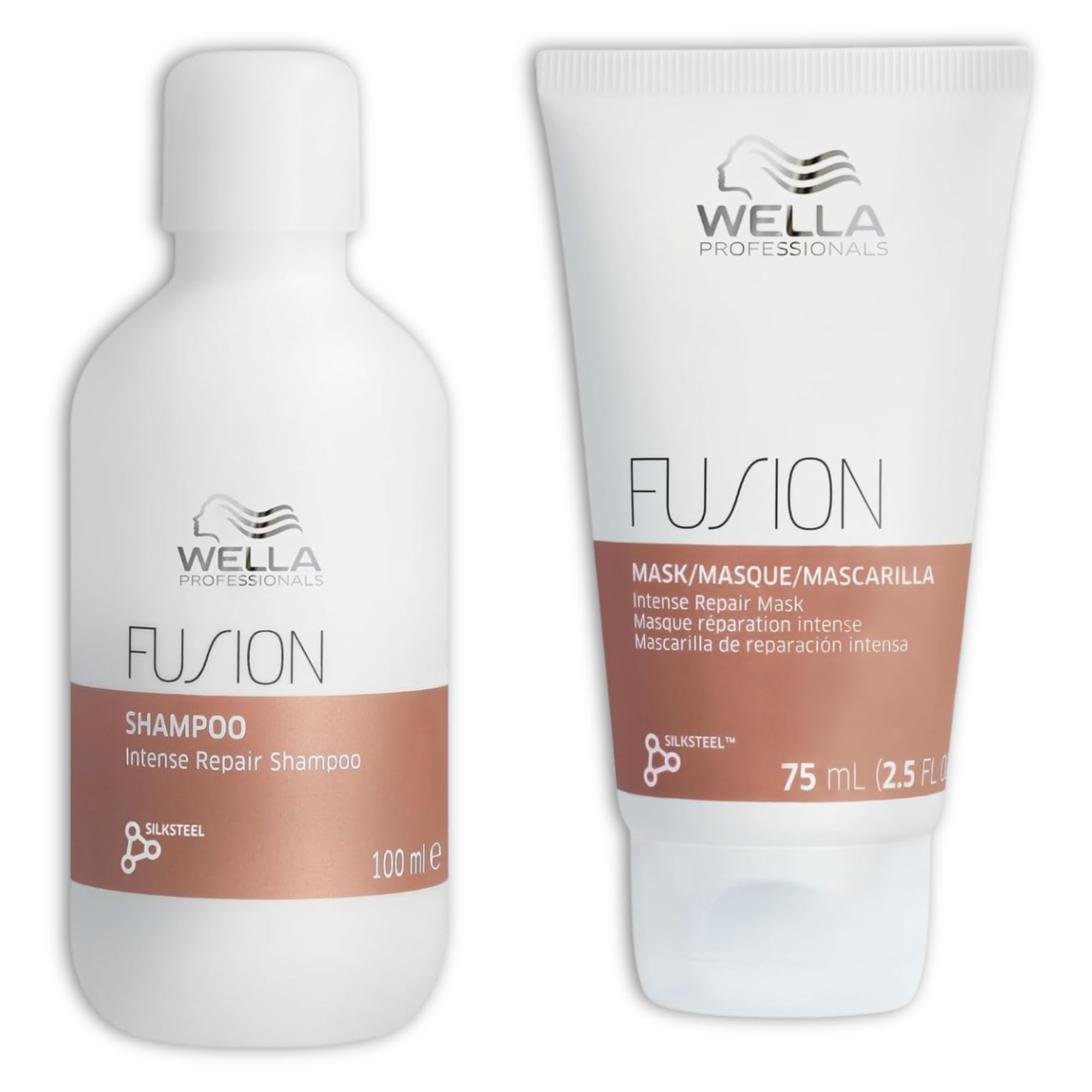 Wella Professionals Fusion Shampoing Réparation Intense 100ml & Masque Cheveux Réparation Intense 75ml - Acides Aminés de Soie, Anti-Casse, Cheveux Secs et Abîmés