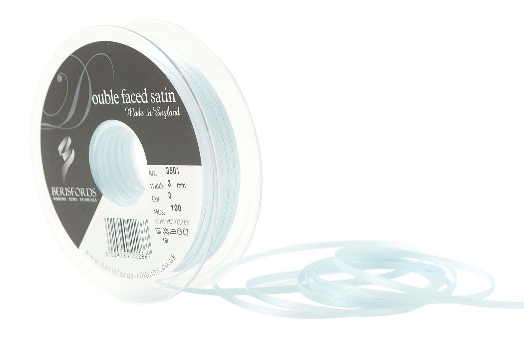 Berisfords Double FACE Poly Satin, Polyester, Sky, 10.4 x 10.4 x 1.2 cm