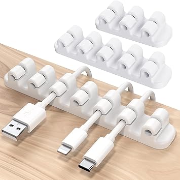 SOULWIT Upgraded Cable Holder Clips, 3-Pack Cable Management Cord Organizer Clips Silicone Self Adhesive for Desktop USB Charging Cable Power Cord Mouse Wire PC Office Home (3/5/7 Slot,White) - image, photos