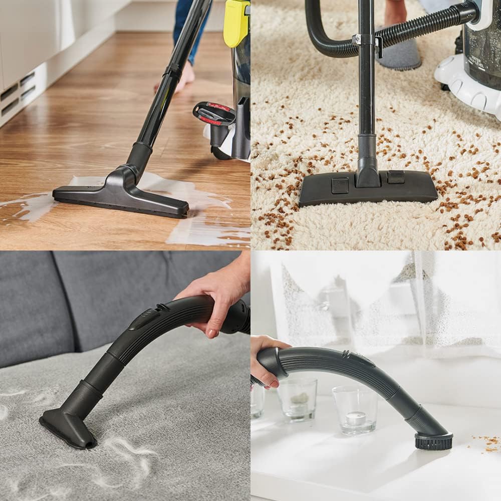 Collage showing various nozzles of Rovus Victor vacuum cleaner in use for different cleaning tasks