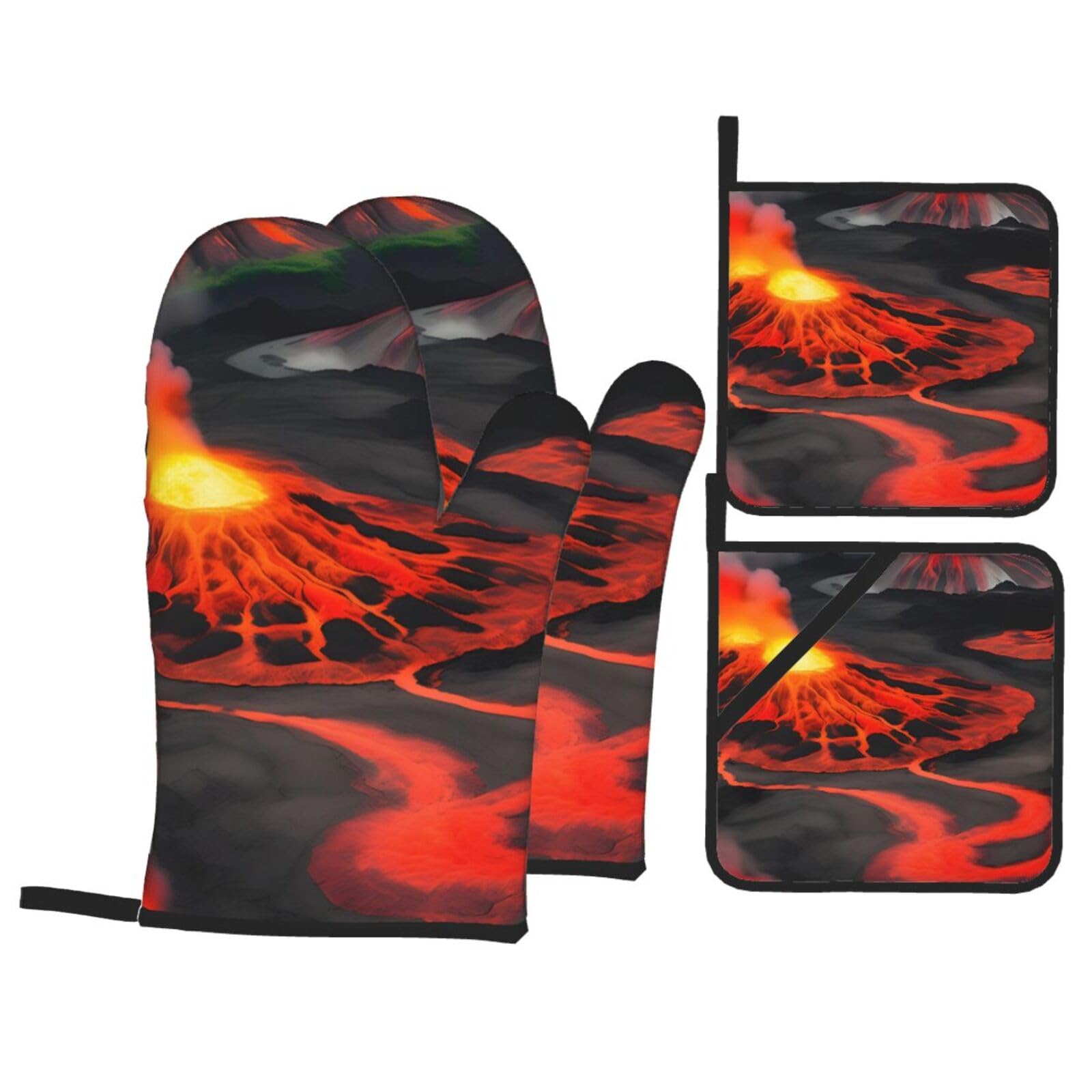 Kilauea Volcanos Print 4-Piece Oven Microwaving Set Waterproof Kitchen Gloves for Baking Grilling Cooking