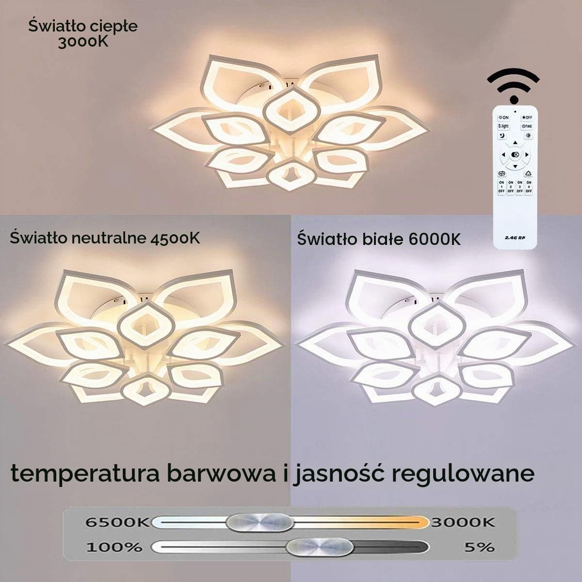 Lampa sufitowa LED, ściemniana, nowoczesna lampa do salonu, z pilotem zdalnego sterowania, 3000 K - 6000 K, w kreatywnym wzornictwie kwiatowym, żyrandol, lampa do sypialni, jadalni, biura, 8+4 głowice 110 cm 110W