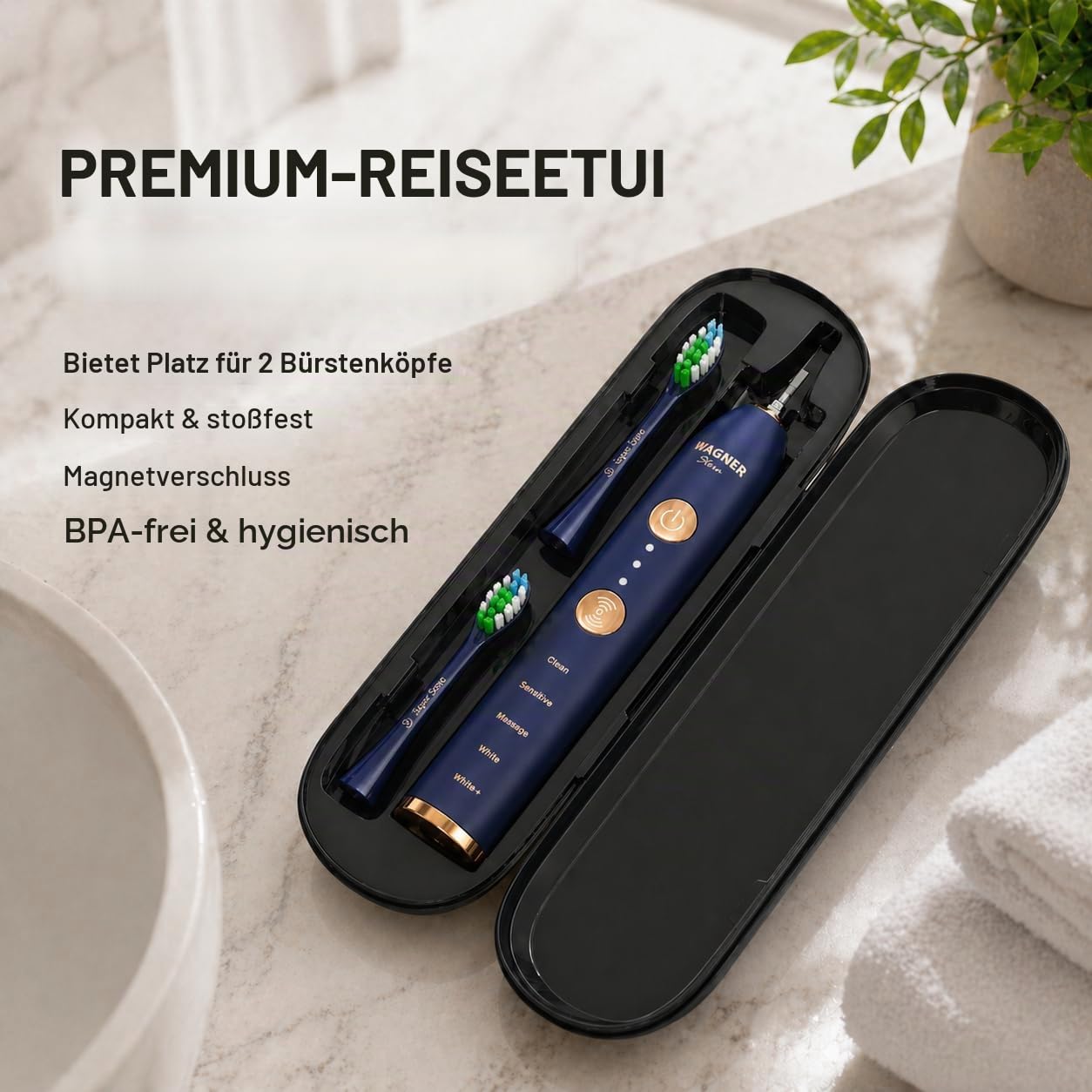 Wagner Stern WHITEN+ Edition. Intelligente elektrische Zahnbürste mit Drucksensor. 5 Putzmodi und 3 Intensitätsstufen, 8 weiche Bürstenköpfe, hochwertiges Reiseetui.
