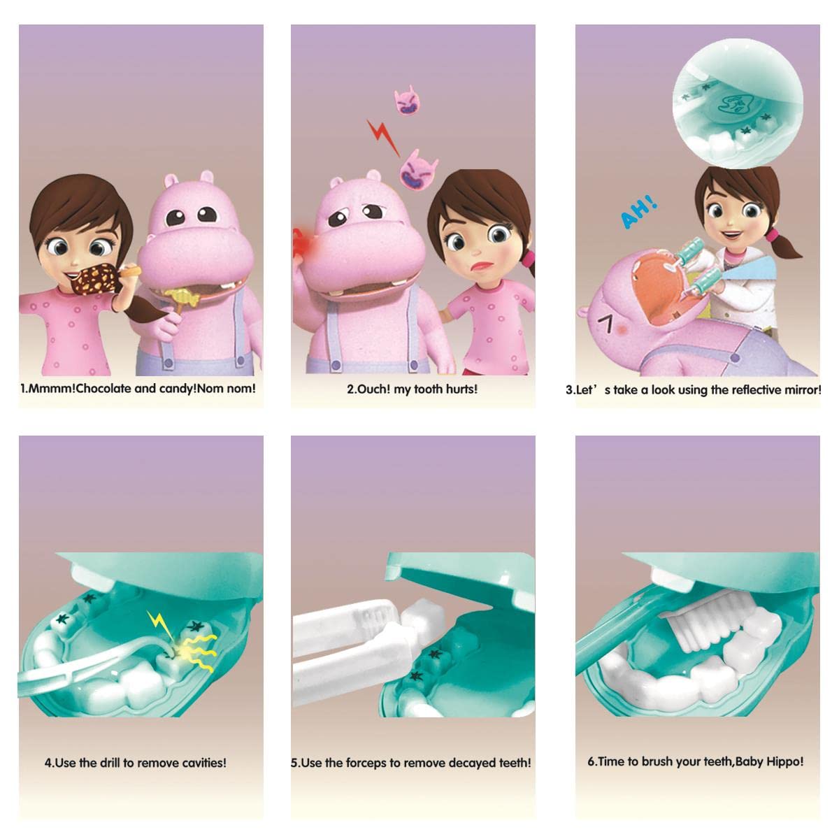 Koolbitz 38Pcs Dentist Toys for Kids Pretend Doctor Set including Dentist Kit and Dental Play Case, Hippo Teeth Model - Image 6