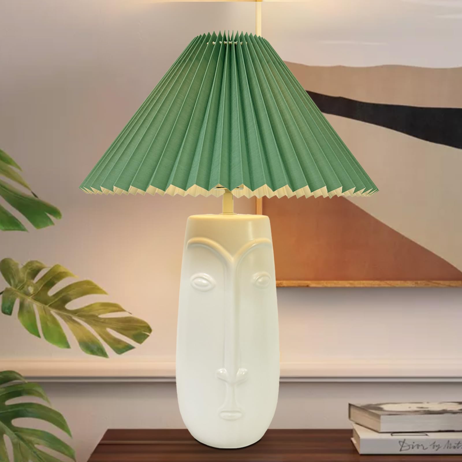 21" Vintage Ceramic Table Lamp- 3 Way Dimmable with USB Port & 4W LED Bulb - Touch Control Boho Table Lamp with Ceramic Base and Green Pleated Lampshade, Perfect for Living Room & Office Decor