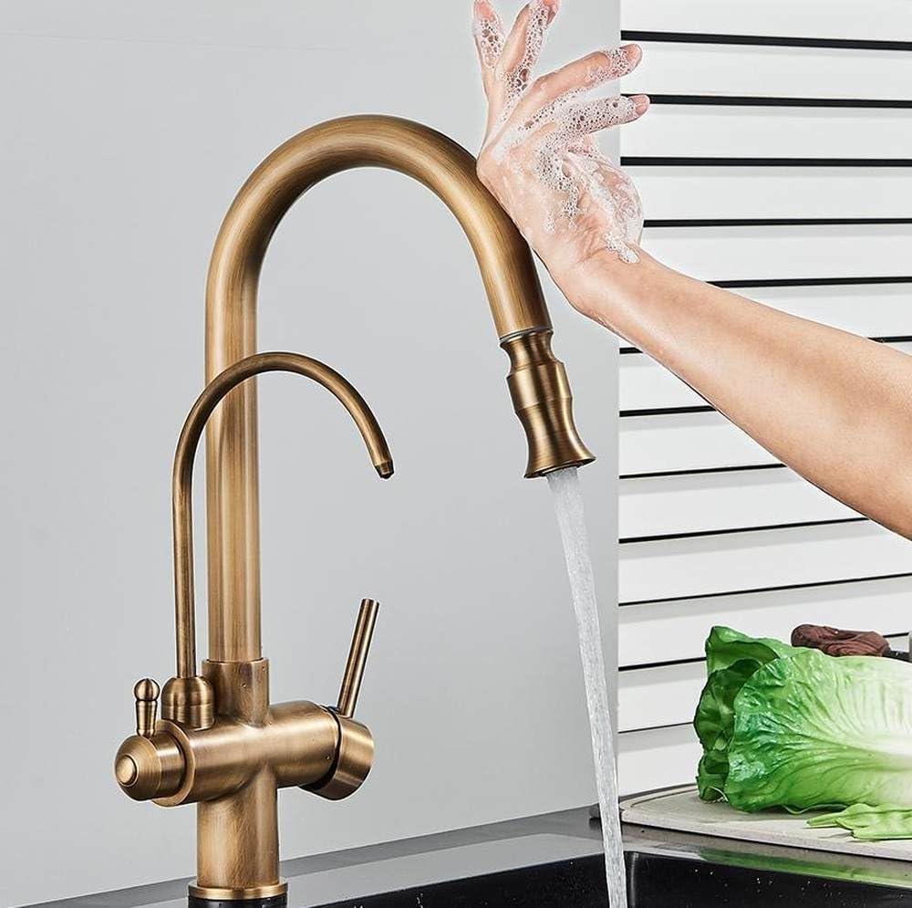 Rubinetto da Cucina con Filtro a sensore tattile, in Ottone Anticato, Miscelatore con Gru Girevole per Acqua Pura (Oro) (Ottone Anticato)