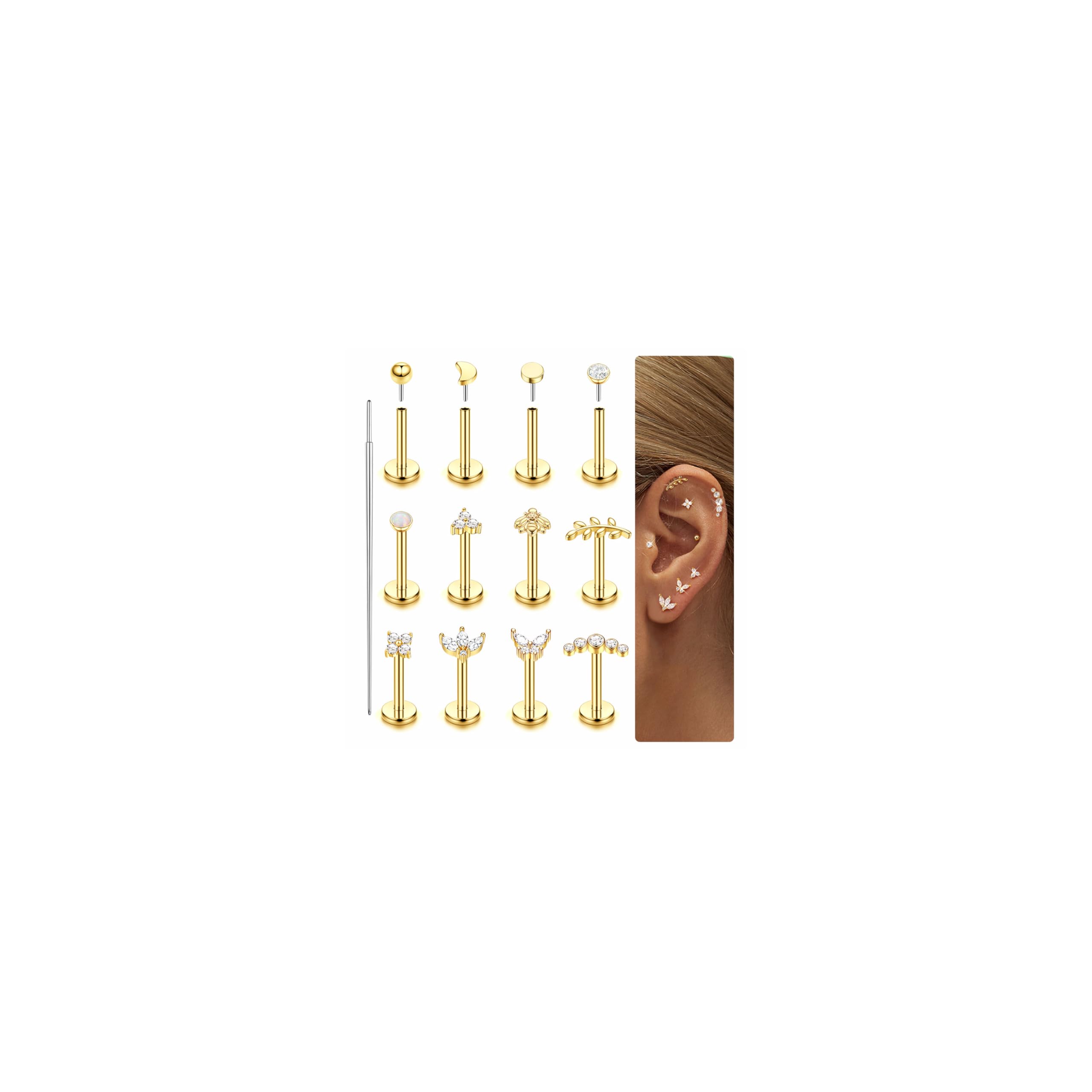 LOLIAS 16G/20G Piercing Oreja Tragus Labret Acero Quirurgico Hipoalergénico CZ Pendiente Mujer Pequeño Conch Helix Labio Oro/Plata
