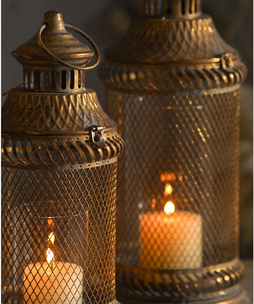 Faroles para Velas Juego De 2 Metal Desgastado Malla De Alambre Hueca Grande Pequeño Anillo Colgante Decoración Mesa para Comedor Boda Casa Rural Hotel Posada Estilo Retro Rústico