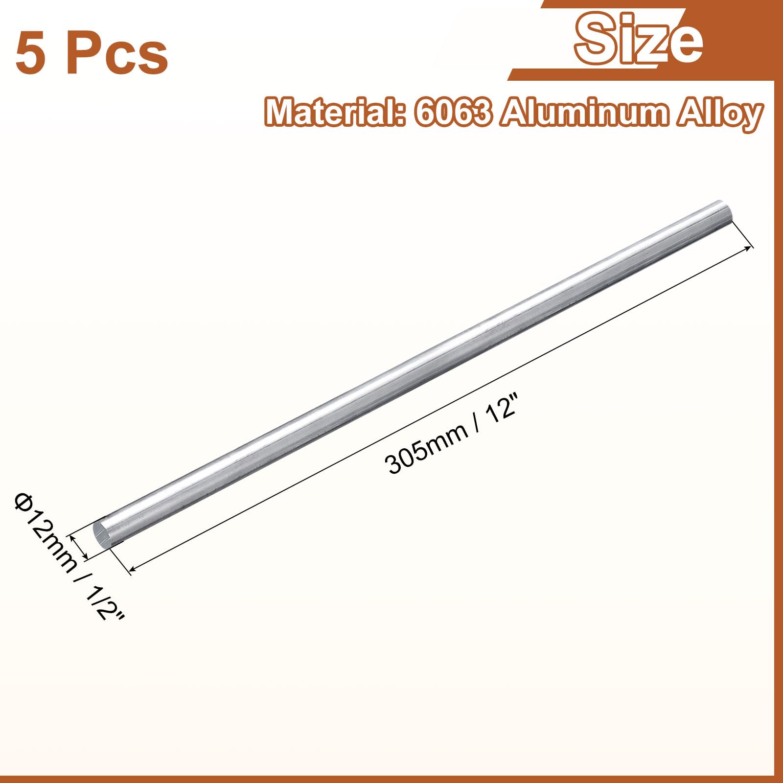 QUARKZMAN 5Pcs 1/2"(12mm) Dia Tige Ronde En Aluminium, 12"(305mm) Long 6063 Tige Ronde En Aluminium Pleine Barre Pour Tour Pour Industrie Construction DIY Artisanat
