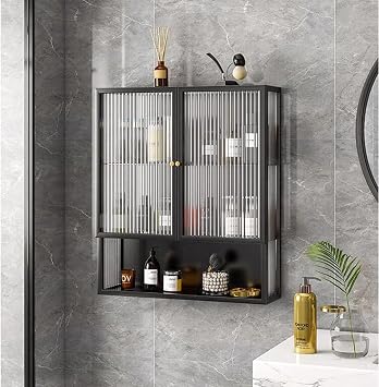Wall Cabinet With Double Glass Doors Living Room Decorative Storage Cabinet Bedroom Items Organizing Cabinets Bathroom Kitchen Wall Cupboard(Black)