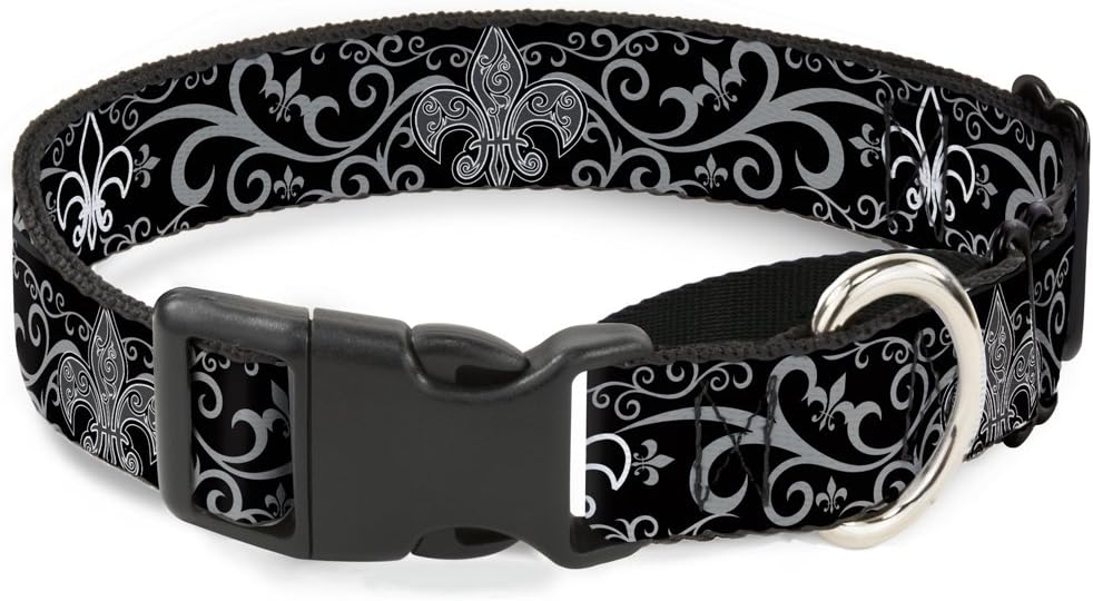 Buckle-Down Fleur-De-Lis with Filigree Black/Gray Martingale Dog Collar, 1.5" Wide-Fits 18-32" Neck-Large
