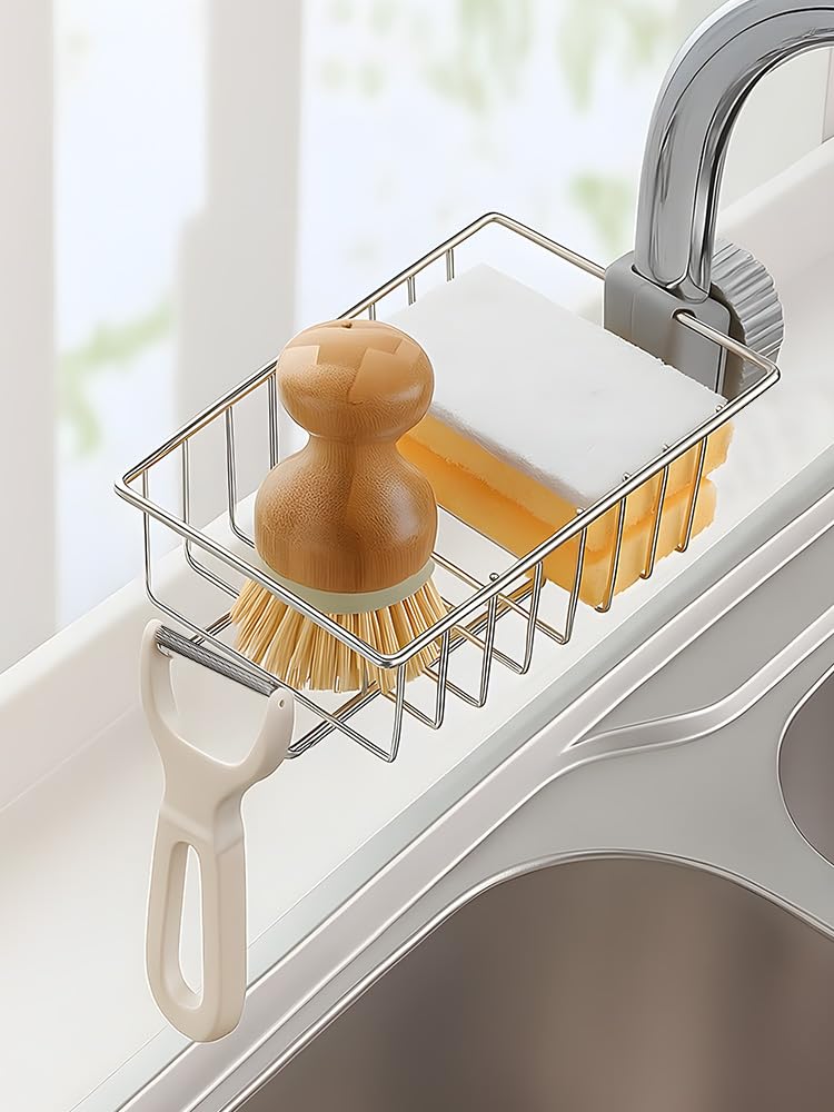 Adjustable Stainless Steel Sponge Holder Over Faucet Kitchen Sink Caddy Organizer with Hook Detachable Rack for Soap Brushes