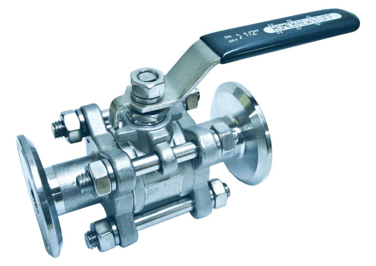HomeBrewStuff Delux Stainless Steel Three Piece Sanitary Tri Clamp Clover Ball Valve (50.5mm Ferrule)