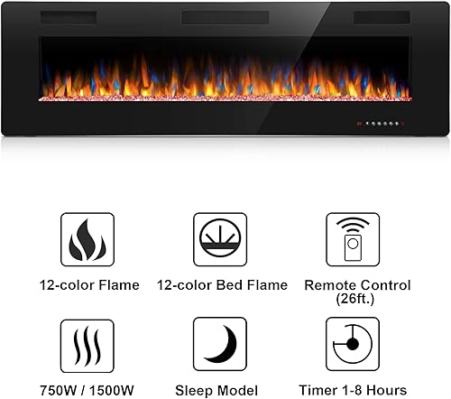 Miniatura 2 de Joy Pebble Insertos de chimenea eléctrica de 60 pulgadas, empotrado en la pared y montado en la pared, calentador de chimenea de 7501500 W, pantalla