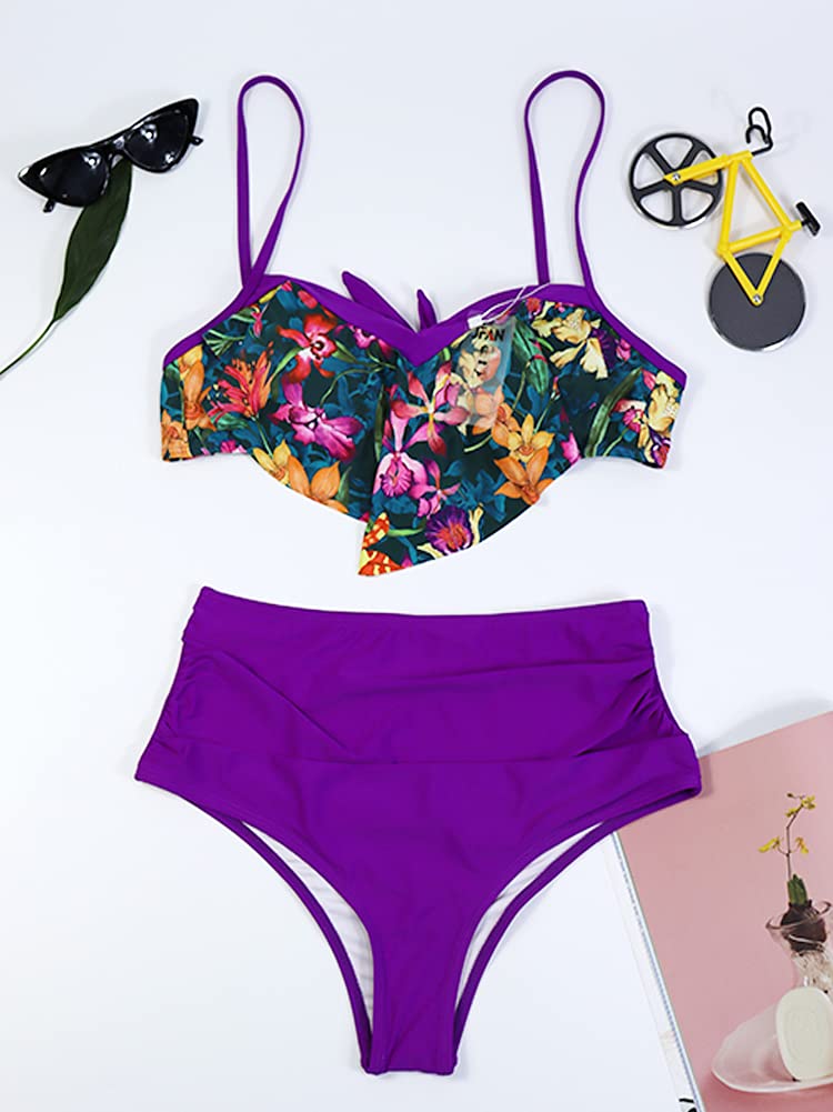 JFAN Costume da Bagno Donna Due Pezzi Bikini A Vita Alta Bottom Increspato Stampa Floreale Halter Ruffle Coordinati Blu L