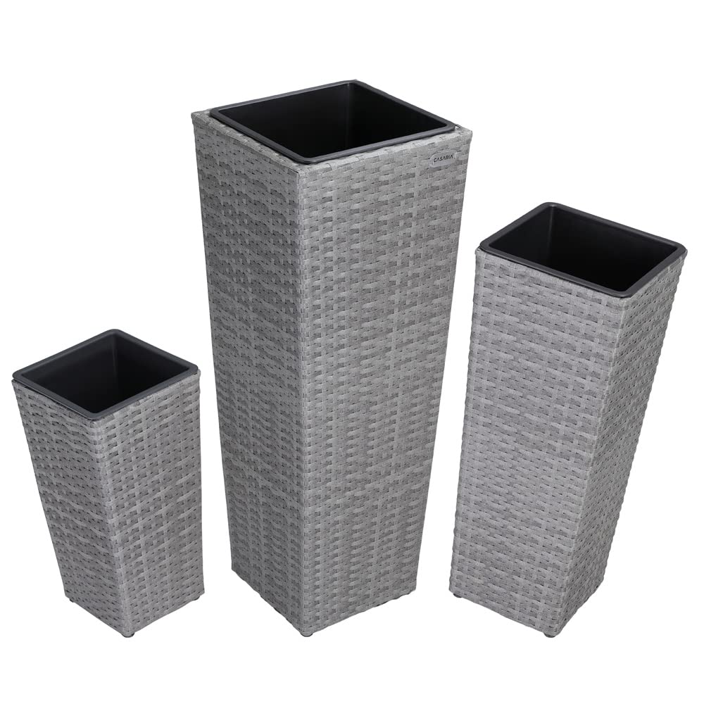Deuba CASARIA® Set di 3 Vasi da Fiori in Polyrattan Intrecciato con Sottovaso e Foro Deflusso Acqua Richiudibile Vaso per Piante Effetto Rattan da Esterno Giardino Fioriere Fioriera