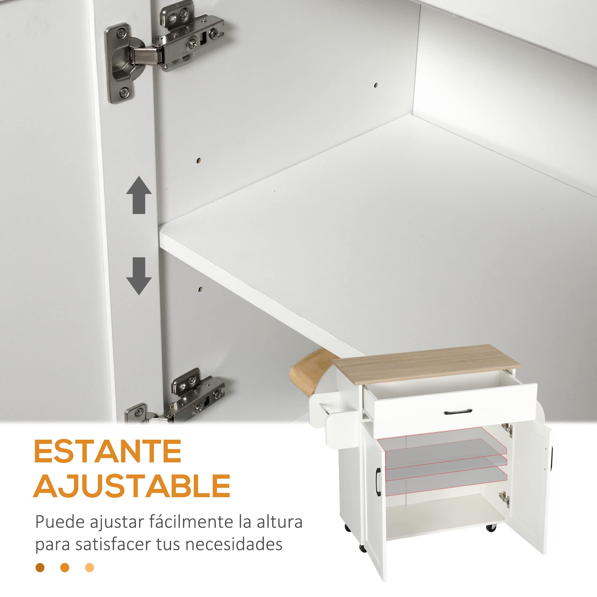 HOMCOM Isla de Cocina con Ruedas, Carrito de Cocina con Cajón, 2 Puertas, Toallero y Especiero, Estante Ajustable, para Comedor, 105x36x85 cm, Blanco