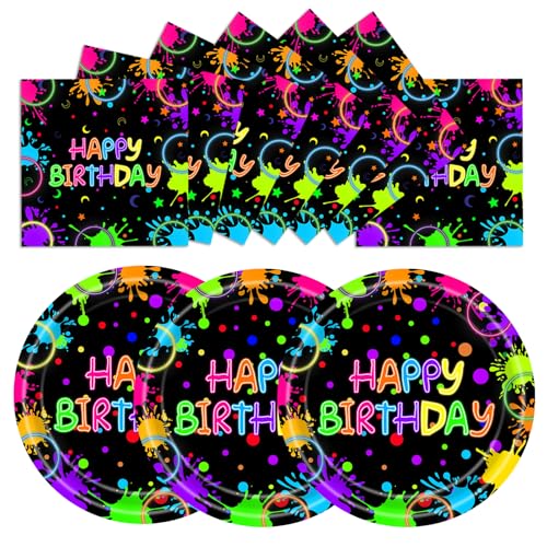 HFBOBP 50 Pcs Neon Paper Plates and Napkins Party Supplies 7 Inch Glow Birthday Dessert Cake Plates and Napkins Disposable Tableware Set for Kids and Teens Glow Dark Party Table Supplies Decorations
