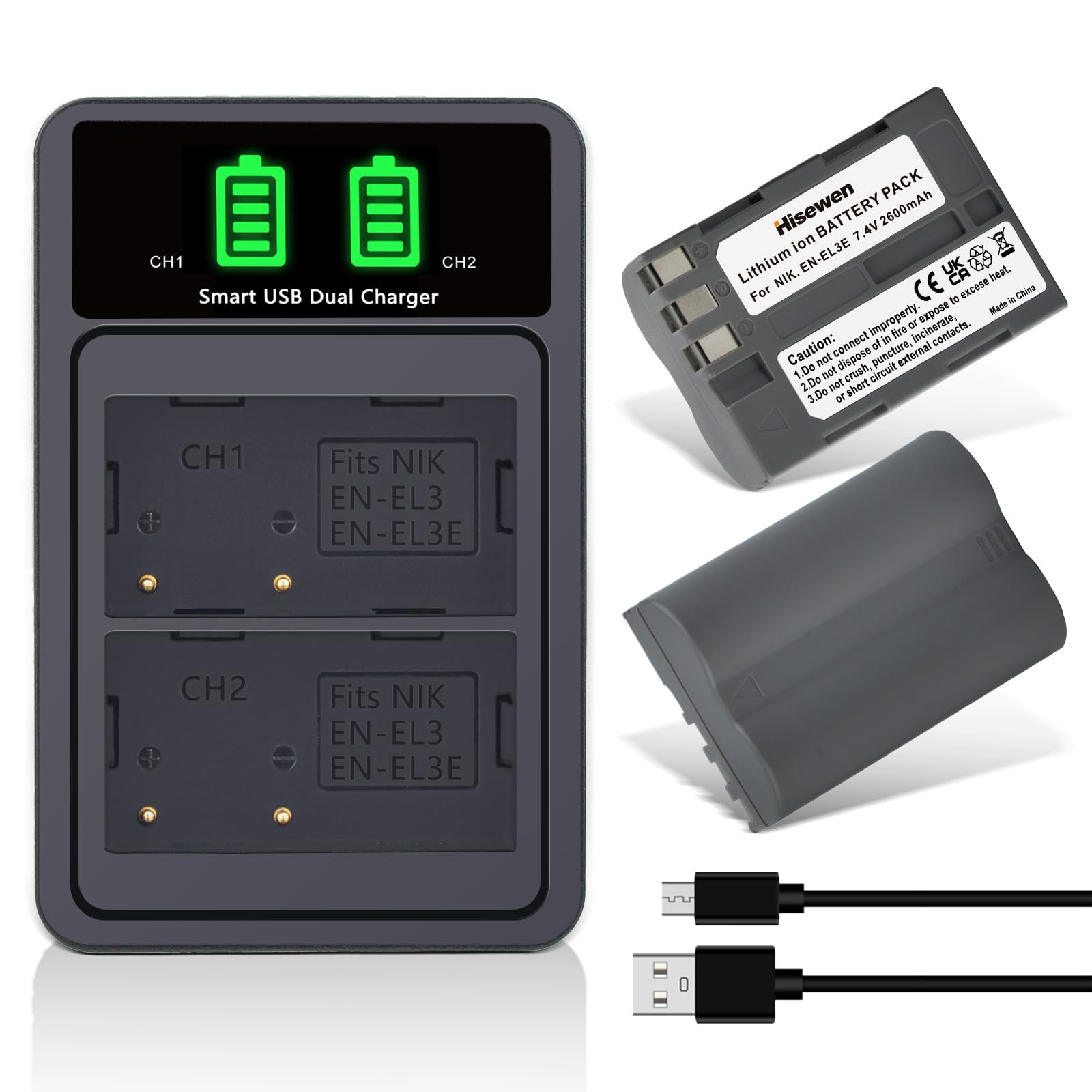 Hisewen EN-EL3e Battery 2-Pack 2600mAh and Dual USB Charger for Nikon D50, D70, D70s, D80, D90, D100, D200, D300, D300S, D700 Digital SLR Cameras