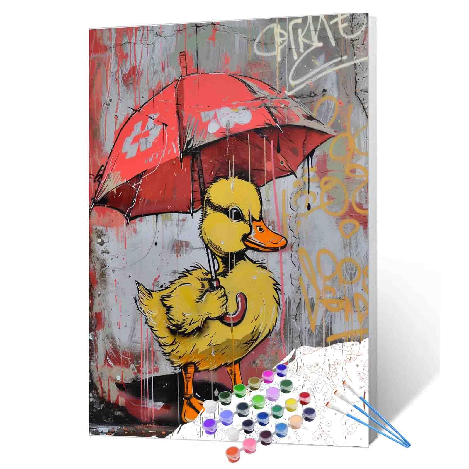 Duckling Holding a Umbrella Paint by Numbers Kits for Adults DIY Canvas Oil Painting Acrylic Pigment Kits Colorful Graffiti Animal Paint by Number Home Wall Art Decor Gift Artwork 16x20In (Frameless)