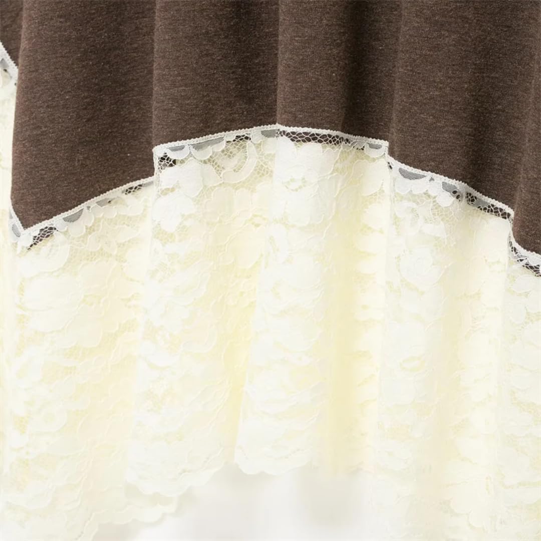 Dress Women's Brown Mock Neck Sleeveless Maxi with White Lace Hem Elegant Asymmetric Knit Dress for Casual & Formal