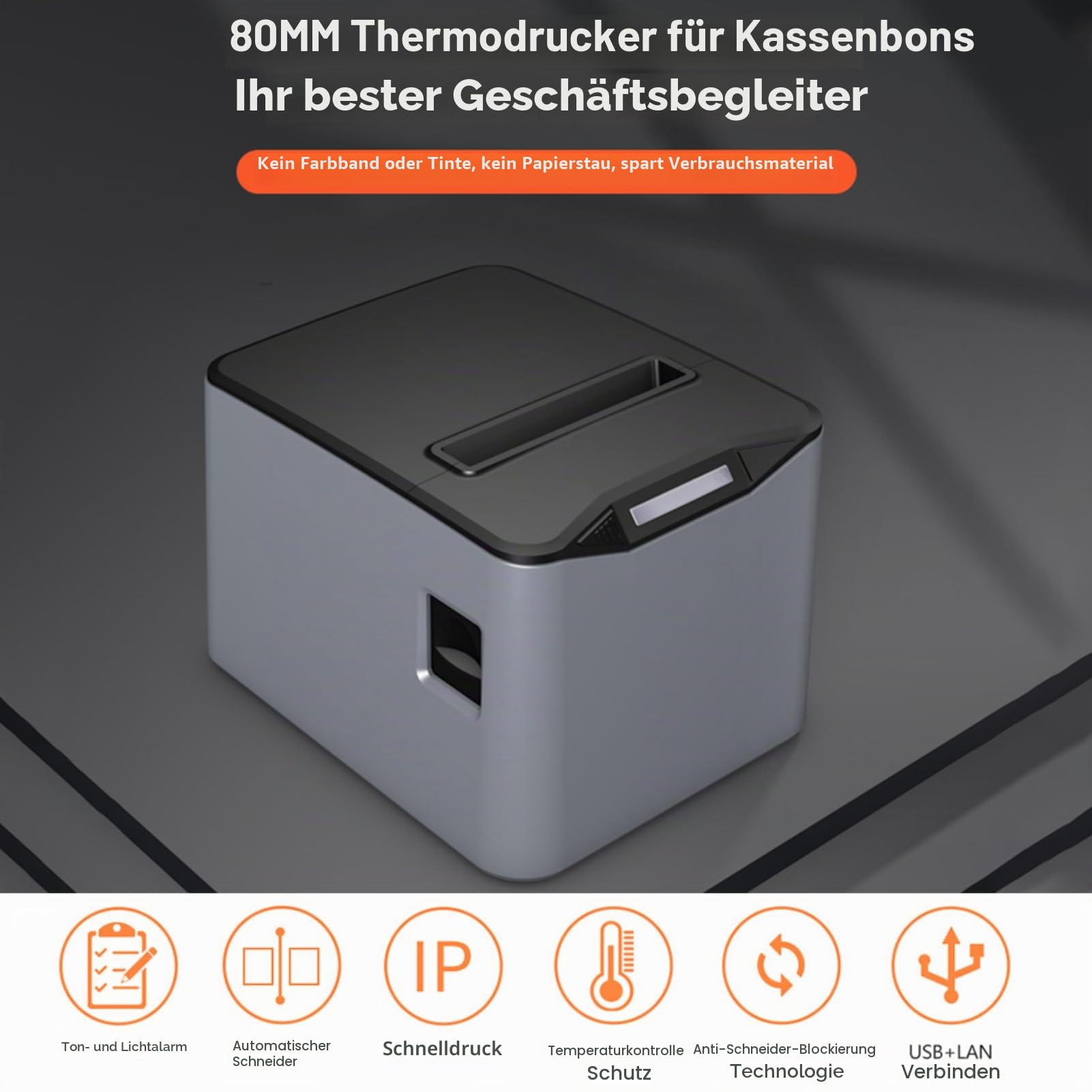 Bisofice Bondrucker 80mm, Belegdrucker Thermodrucker, USB+LAN, 220mm/s Quittungsdrucker mit ESC/POS-Befehl für Restaurants, Supermärkte, Handel