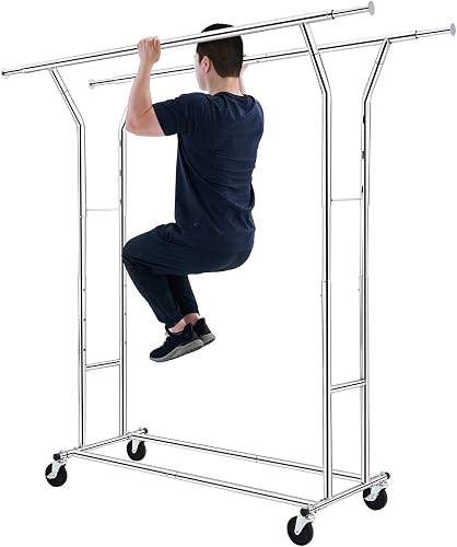 HOKEEPER Portant à vêtements double robuste, réglable et pliable sur roulettes, 
