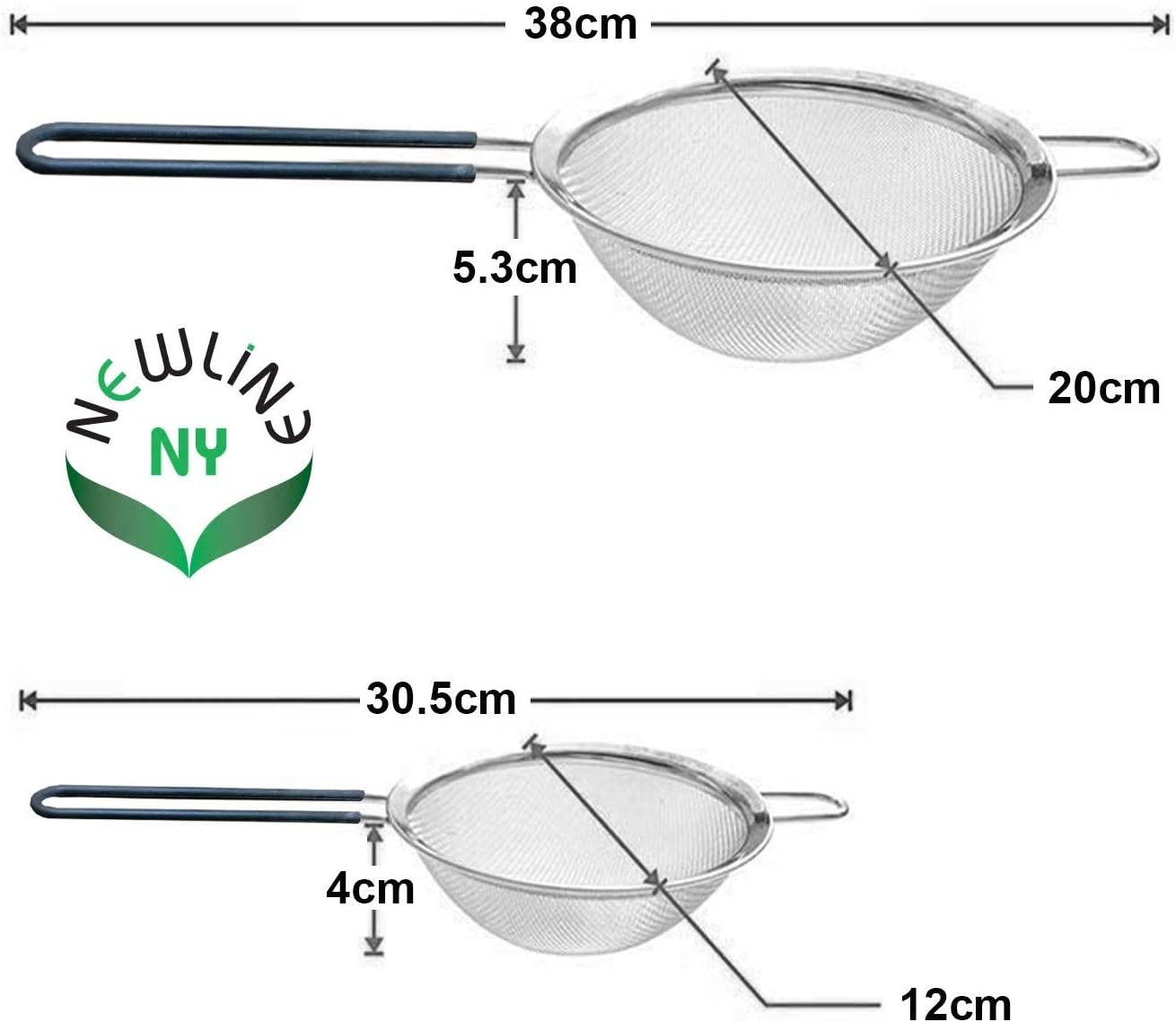 Premium Double Stainless Steel Fine Mesh Strainers with Soft-touch Anti-slip Silicone-coated Handle 2 pcs Set