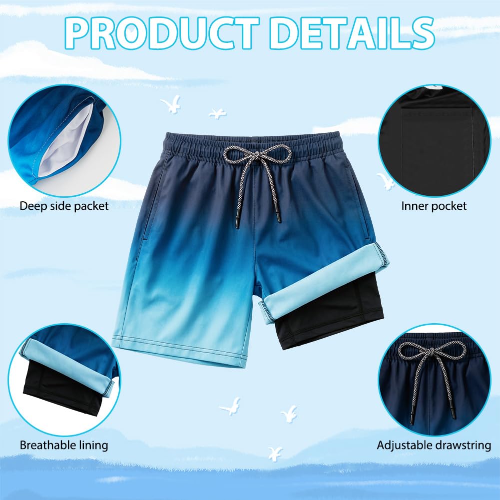 OSDUE Badehose Jungen, Badeshorts Kinder mit Taschen Schnelltrocknend Kurz Schwimmhose 2 in 1 Boardshorts mit Kompression Innenhose Elastischer Bund Verstellbare Tunnelzug Badehosen für 7-14 Jahre