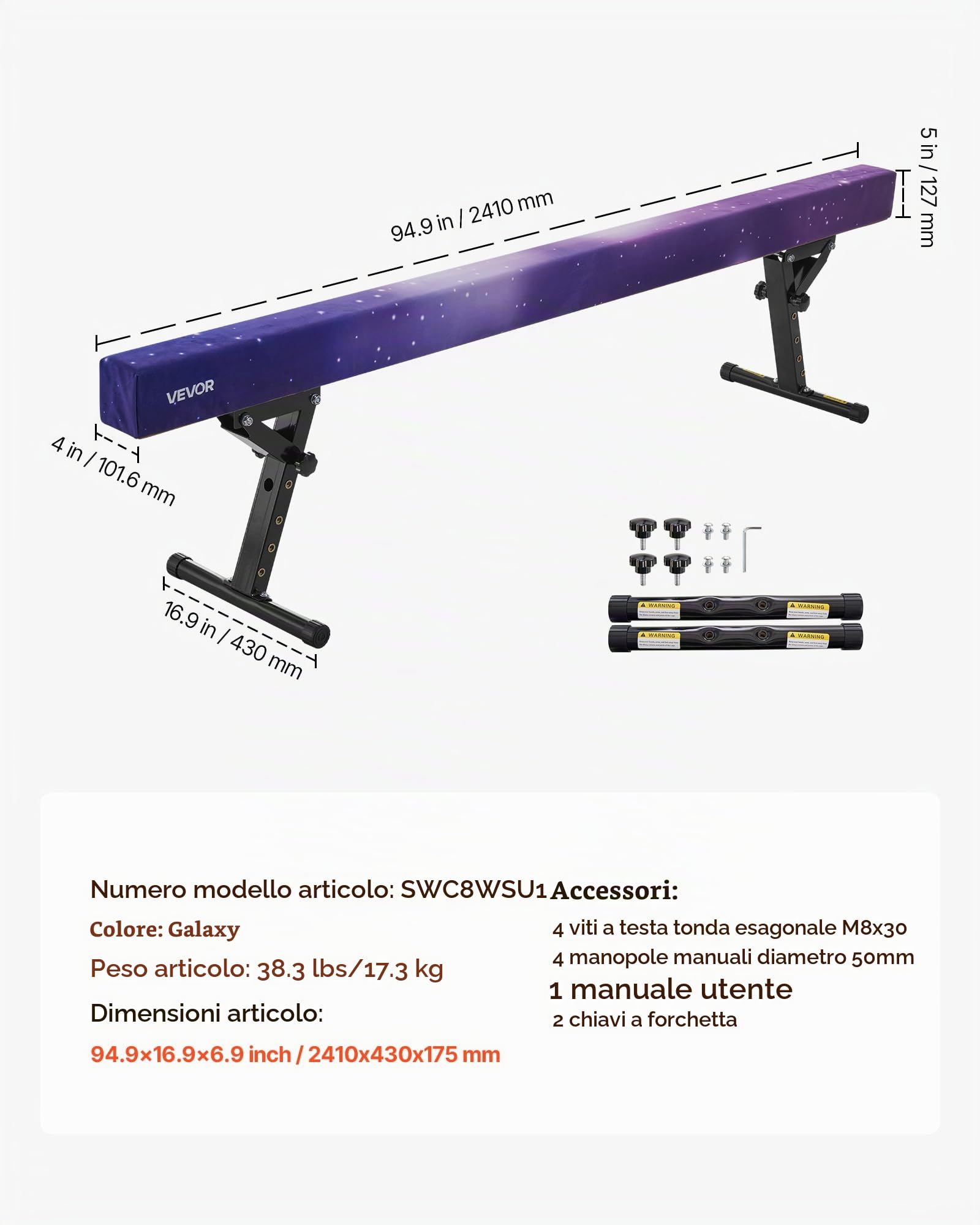 VEVOR Trave di Equilibrio per Ginnastica per Bambini, Altezza Regolabile 241 cm 5 Livelli, capacità di Carico 158,7 kg, Trave Ginnastica Artistica di Equilibrio per Casa Palestra, Galassia