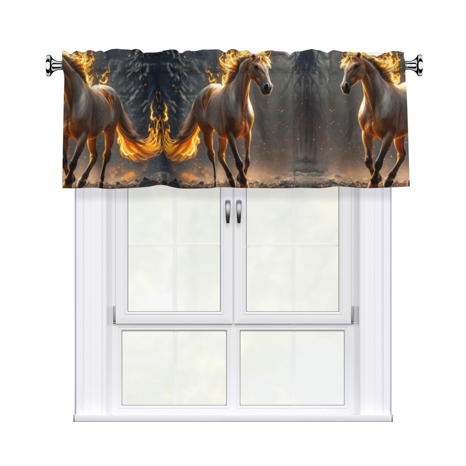 LMNGH Flame Horse Curtain Valance for Windows,Kitchen Window Curtains Blackout Drapes Window Treatments Decorative Rod Pocket Short Curtain for Living Room Bedroom,54" W x 18" L