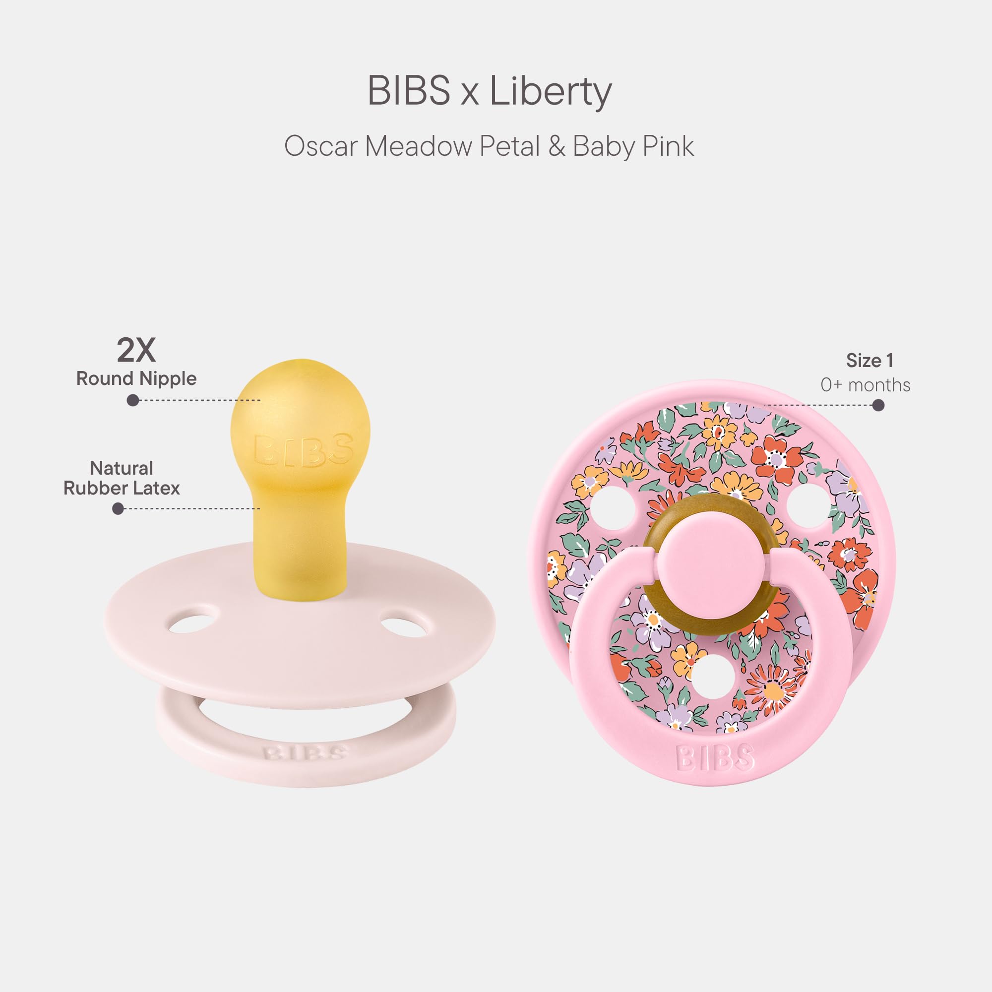 BIBS Liberty Paquete de 2 chupetes. Libre de BPA, Tetina redonda. Látex natural, Hecho en Dinamarca, 0+ meses (Paquete de 2), Blossom/Baby Pink - 2