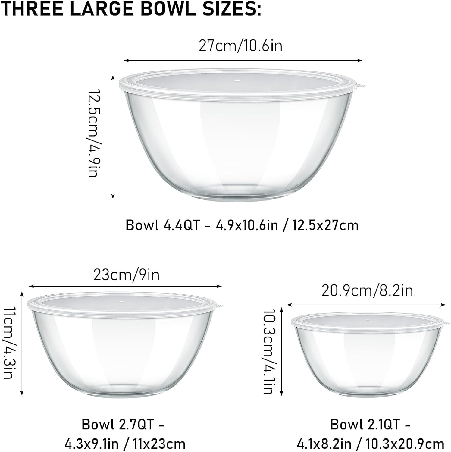 3er Set Glas Salatschüssel mit Deckel, Rund Glasschüsseln (4,2L, 2,5L, 2L) | Stapelbare Borosilikatglas Rührschüsseln, spülmaschinenfest, zum Backen, Vorbereiten, Aufbewahren und Servieren