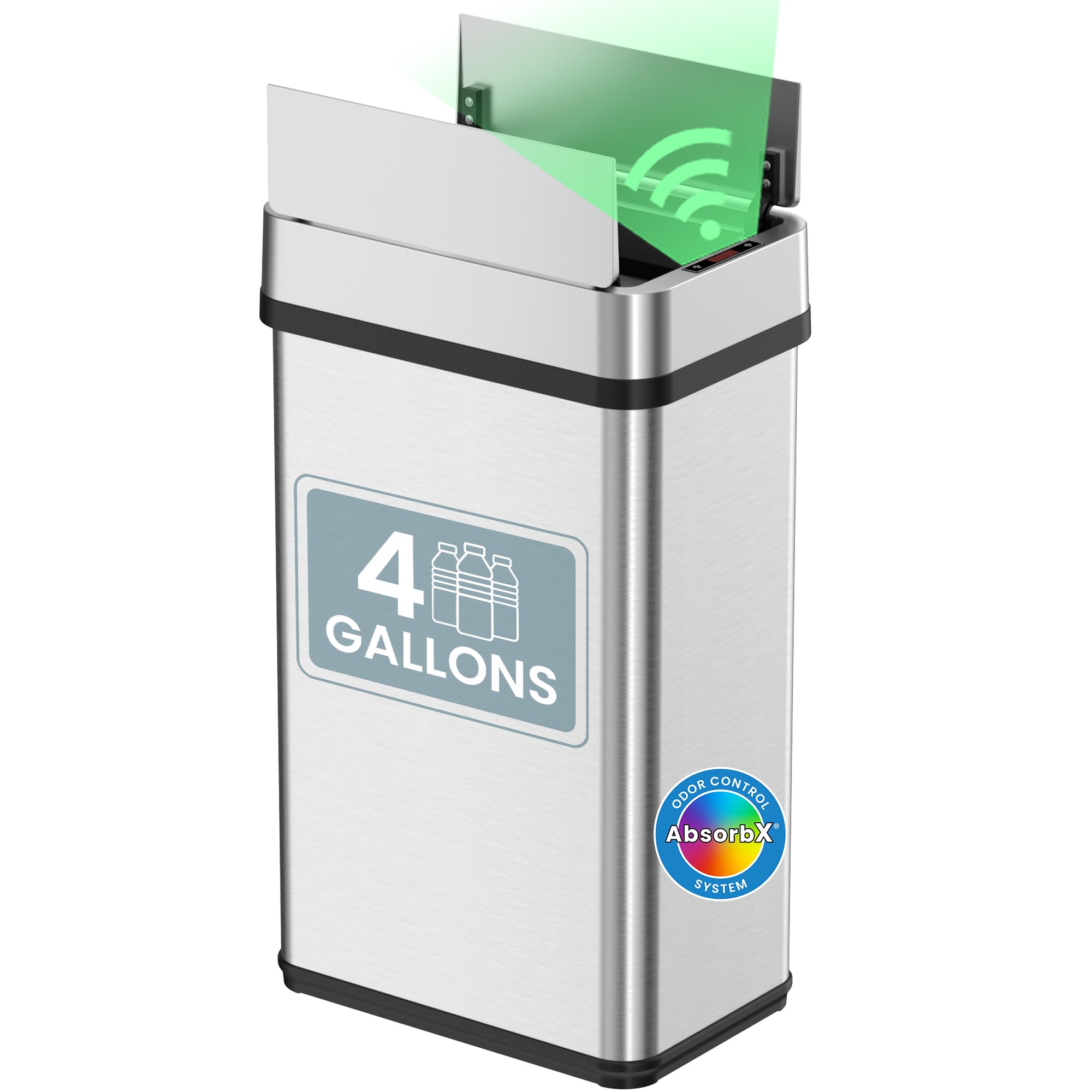 iTouchless 4 Gallon Bathroom Trash Can with Lid and Odor Filter, Lid Opens Left, 15 Liter Stainless Steel Slim Automatic Small Waste Basket Dustbin for Kitchen Bedroom Home Office Living Room Garage