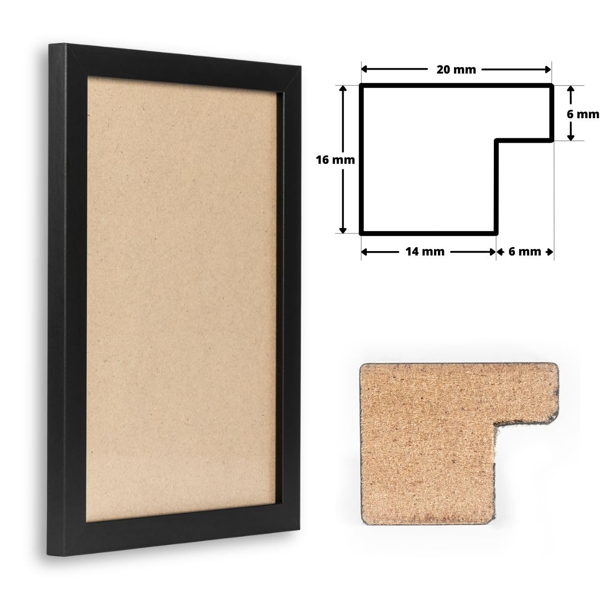 N°20 Bilderrahmen 100x130 cm Bildmaß, Schwarz Matt, MDF Holz