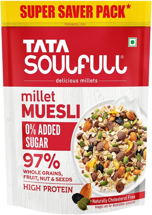 Tata Soulfull 0% Added Sugar Millet Muesli, 700 g, High Protein, Rich in Fibre, 97% Wholegrains, Fruit, Nut & Seeds, Contains Ragi Flakes, Contains Almonds, Flax Seeds, Chia Seeds, Pumpkin Seeds