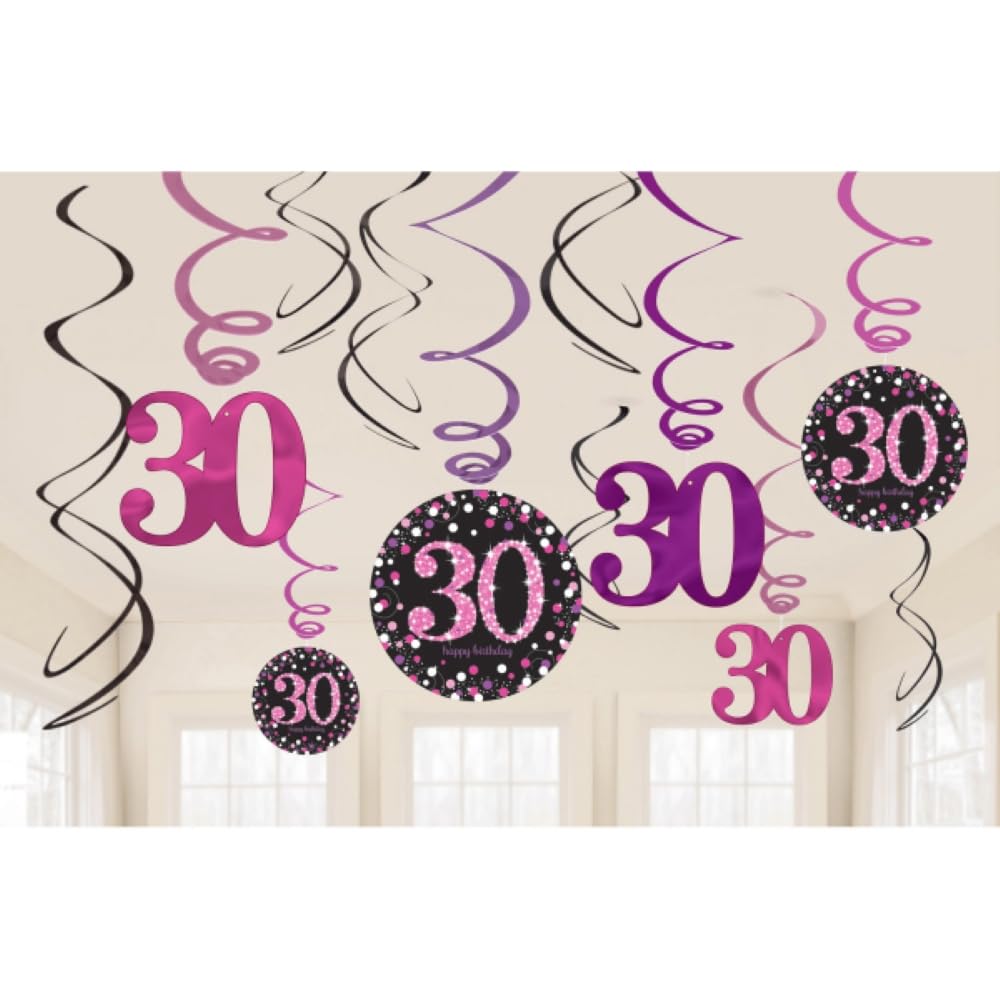 12 x 30th Birthday Hanging Swirls Black & Pinks Party Decorations Age 30