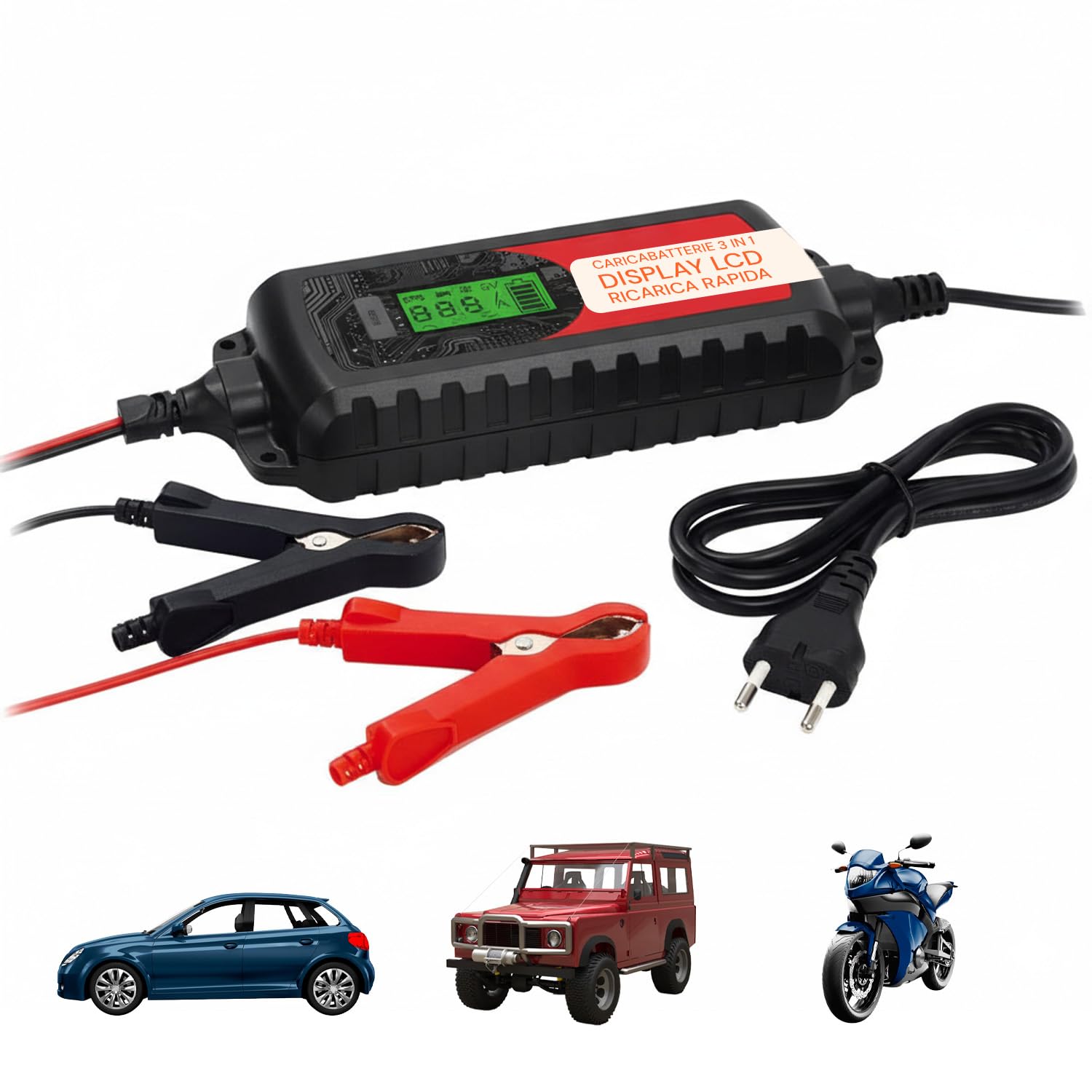 Avilia Caricabatterie per Auto e Moto LCD 3-in-1 per Batterie al Piombo - Caricatore FastCharge, con Mantenitore di Carica e Carica Lenta, Protezione IP65, 6-12V