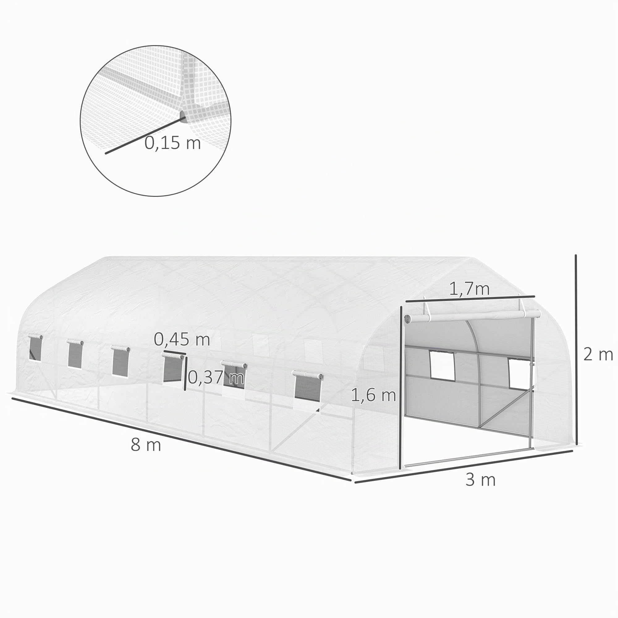 Outsunny Túnel Invernadero 24 ㎡ con Lona PE Marco de Acero galvanizado Ø 24 mm 12 Ventanas Verdes y Puerta Enrollable 8 x 3 x 2 m Blanco