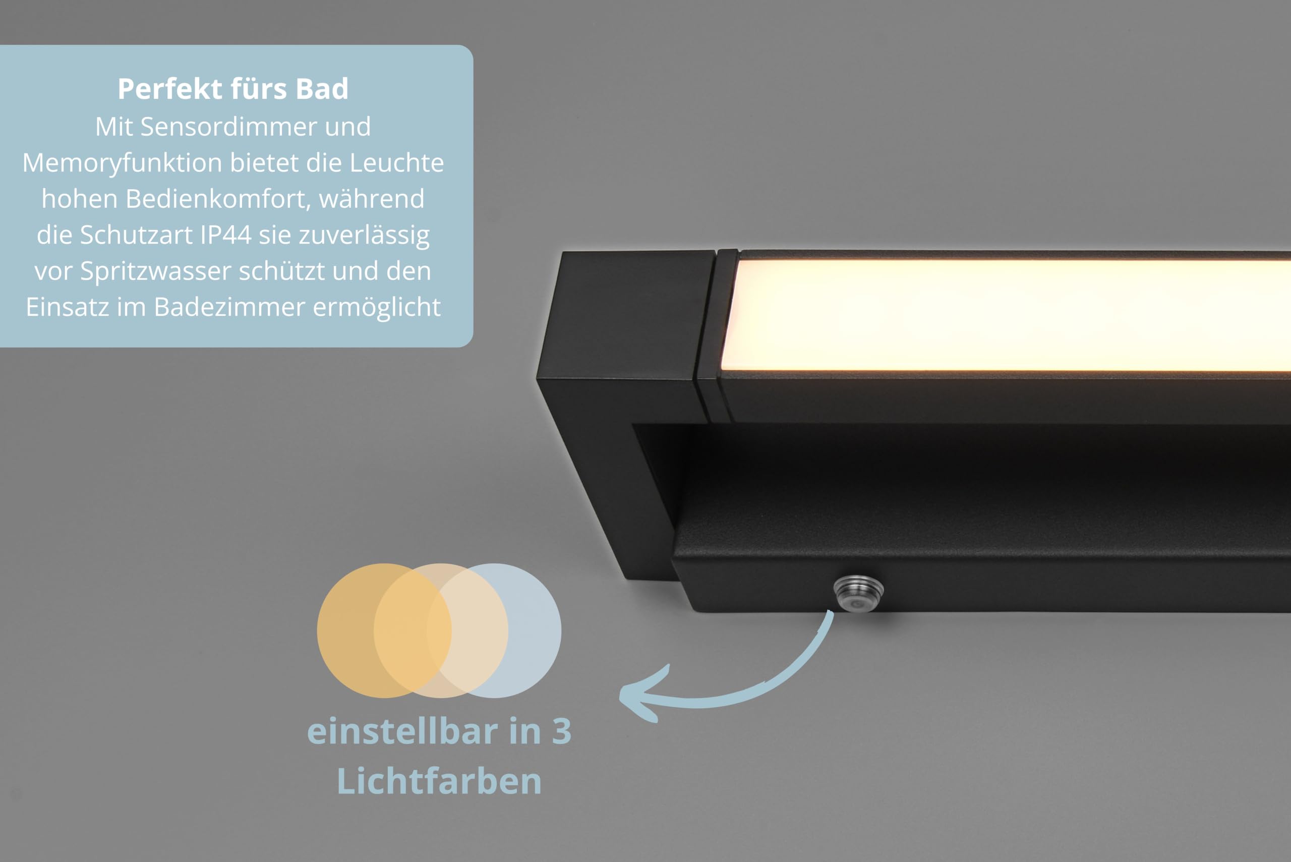 LED Wandleuchte Fabian, lange Wandlampe Badezimmer, Innen Außenbereich, schwenkbar, dimmbar, IP44, Lichtfarbe & Helligkeit einstellbar, Höhe 6 cm Breite 50 cm, Aluminium, Schwarz Matt