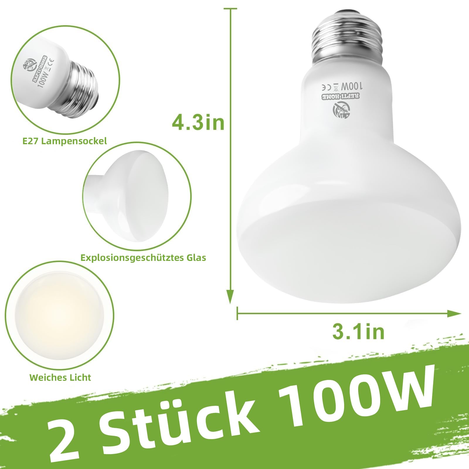 Lampe Chauffante pour Terrarium de Reptiles, 100W 2 Pièce de Lampes Chauffantes pour Tortues, Convenant Aux Amphibiens, Tortues, Dragons Barbus, Lézards, Serpents, Caméléons