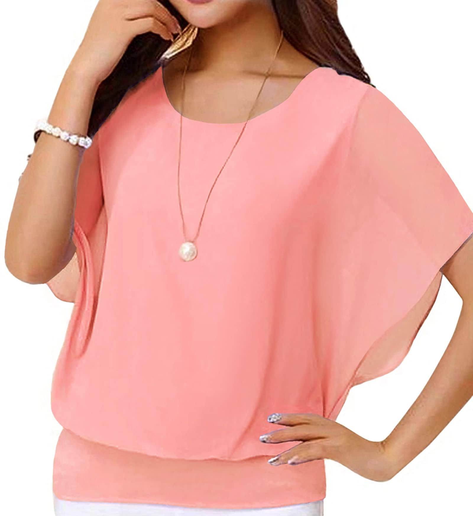 Neineiwu Oberteil Damen elegant Batwing Bluse Shirts Kurzarm Tunika Blumen Rundkragen Bluse