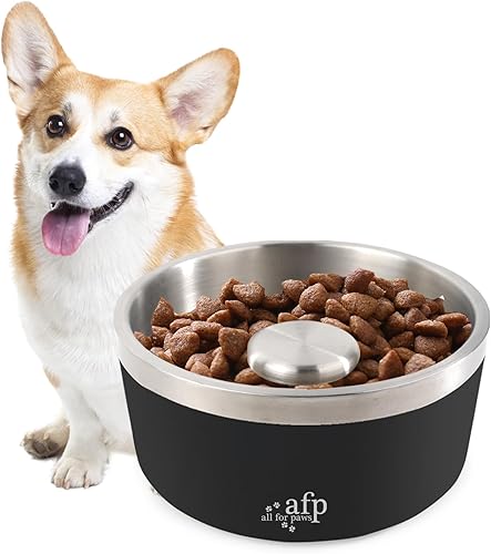 ALL FOR PAWS Tazón de acero inoxidable de alimentación lenta para perros y gatos, antideslizante, resistente, comedero de agua para perros y gatos