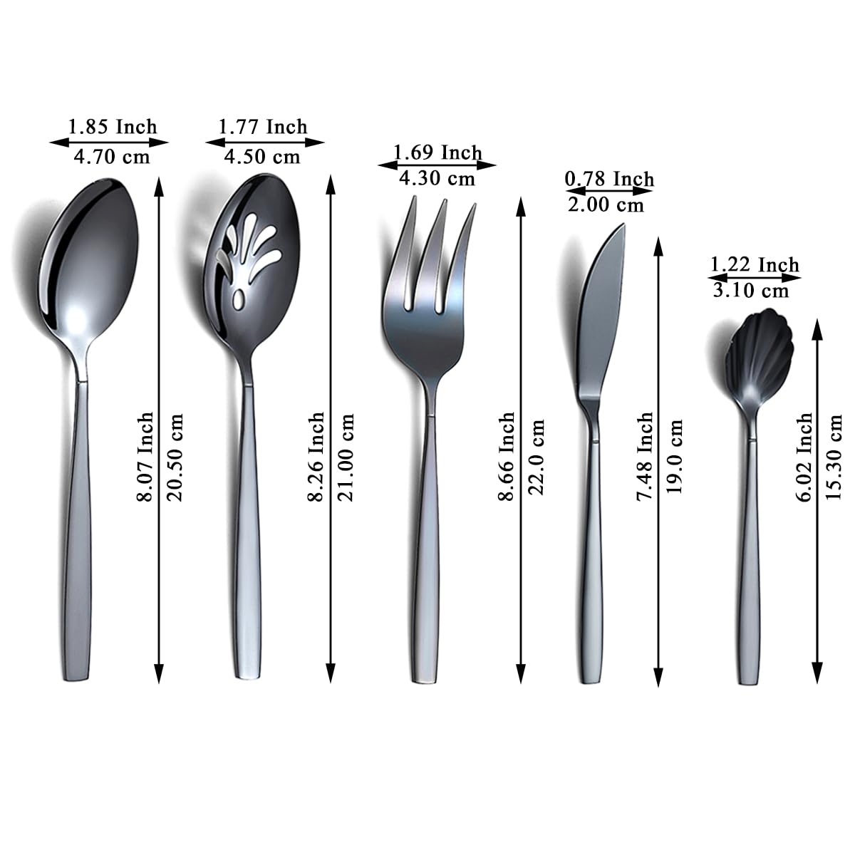Evanda 5 piezas de cubiertos negros juego de servir, vajilla de acero inoxidable chapado en titanio negro juego de servir, cuchara para servir, cuchara ranurada, tenedor para servir, cuchara de azúcar