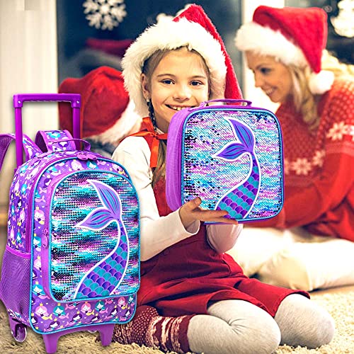 Gxtvo Rolling Backpack For Girls, Roller Wheels Kids Bookbag - Wheeled Suitcase Elementary Sequin School Bag - 3Pcs Mermaid #TOP6