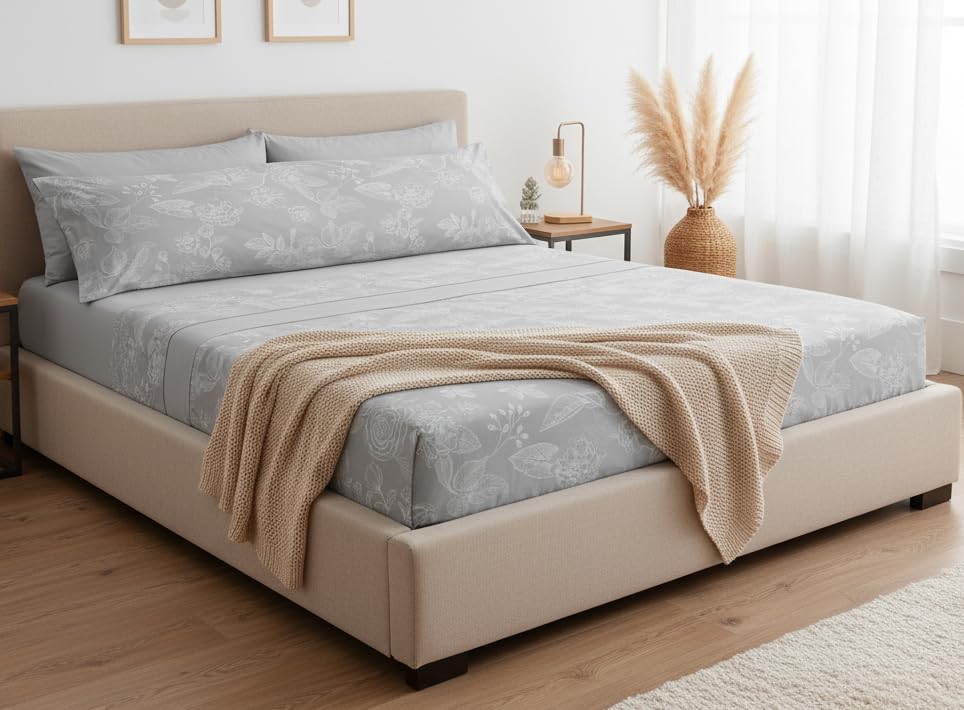 HaraDeco Juego de Sabanas 3 Piezas   Poliéster Microfibra Tacto Satén  Bajera, Encimera y 1 Funda de Almohada Larga, Estampada para Todas Estaciones (Onil Gris, Cama 105x190/200cm+28cm)