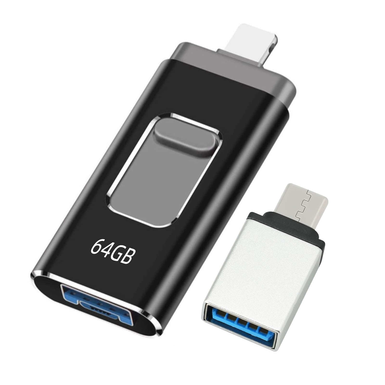 Pendrive 64GB para iPhone, Memoria USB Lightnning con Certificación MFi, 4 en 1 USB para iPhone Compatible con iOS/Android/PC, Pendrive para Movil para Guardar Fotos y Vídeos del Móvil Plug and Play