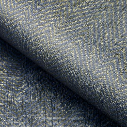 FunStick Gold Navy Blue Grasscloth Wallpaper Peel and Stick Wallpaper Textured Herringbone Fabric Wall Paper for Bedroom Bathroom Removable Blue Faux Grasscloth Contact Paper for Cabinets Walls 12x200