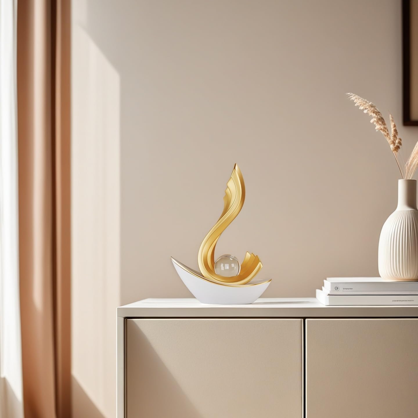 Gold Sailboat Sculpture with Crystal Ball- Modern Art Home/Office Decor for Shelf &Desk-Ideal Gift-9.37" H
