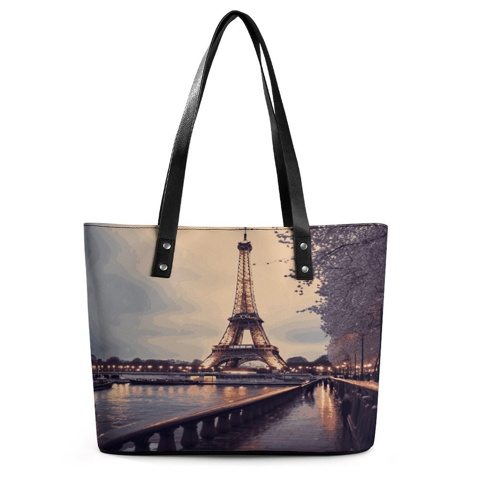 Eiffel Tower Winter Rainy Handbag for Women Leather Tote Bag Exquisite Satchel Bags Ladies Casual Work Handbag Bucket Purse Fashion Top Handle Bag Large Capacity Weekender Hobo Bags